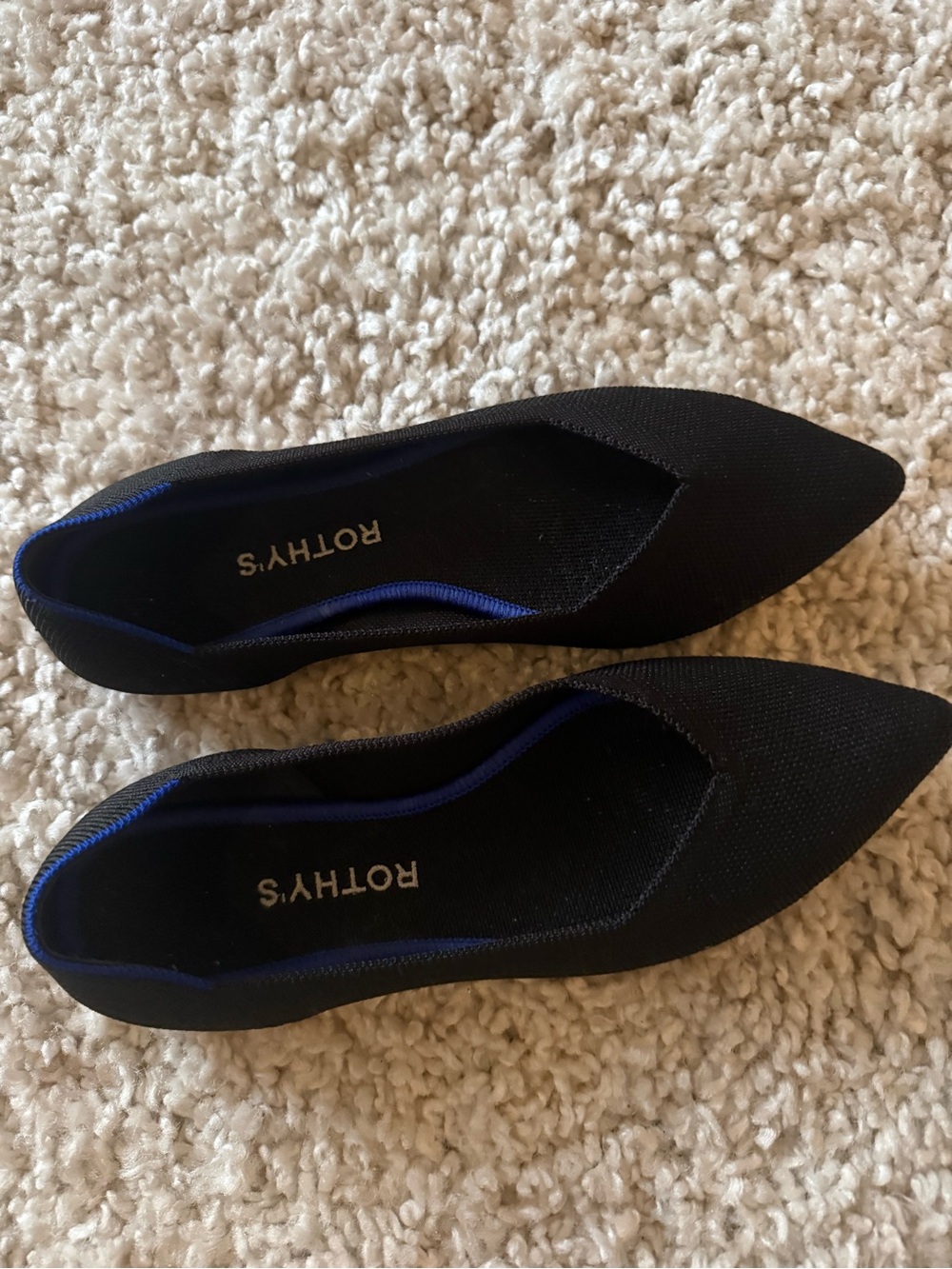 Rothy's Black Pointed Knit Flats with Blue Trim - Picture 2 of 2